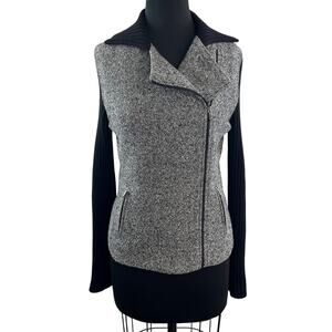Luisa Spagnoli Gray Black Moto Jacket Tweed Knit Collared Asymmetric Zip Size 46